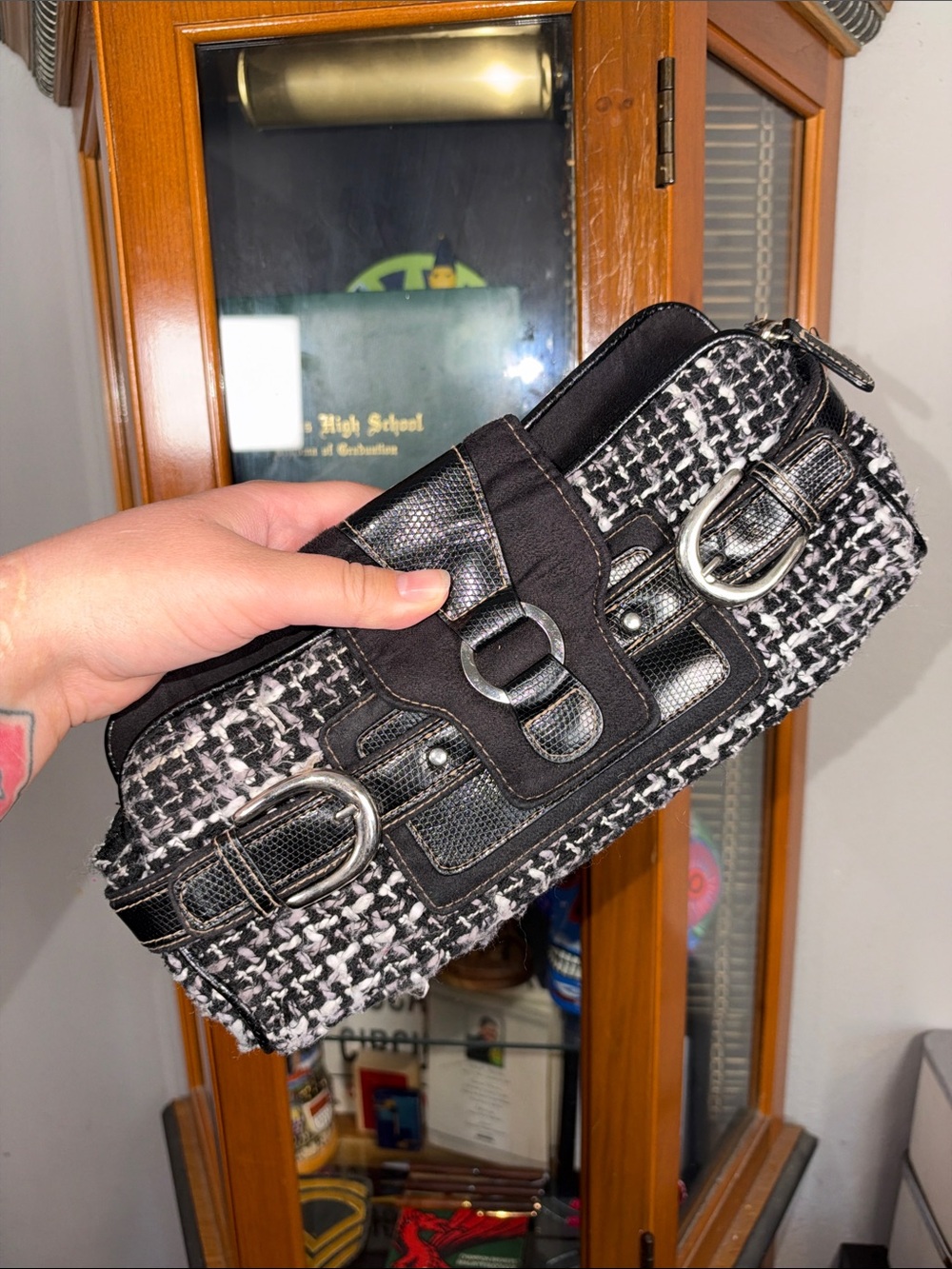 Worthington Black and White Tweed Clutch with Silver Buckles